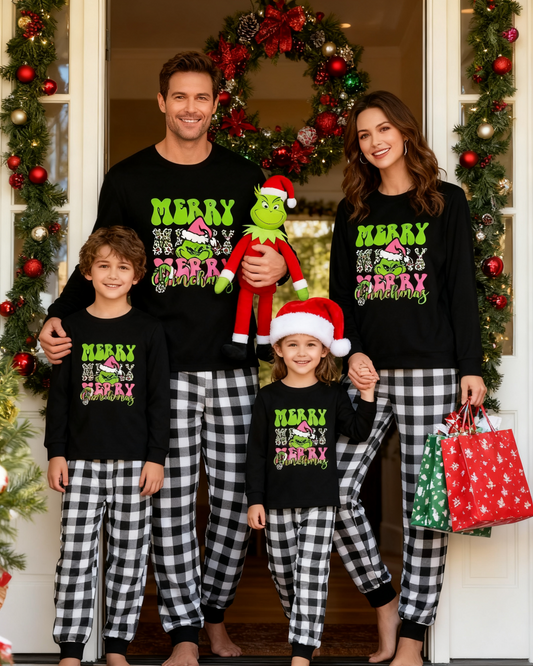 Pyjamas de Noël familiaux à carreaux noirs et blancs Pink Grinch