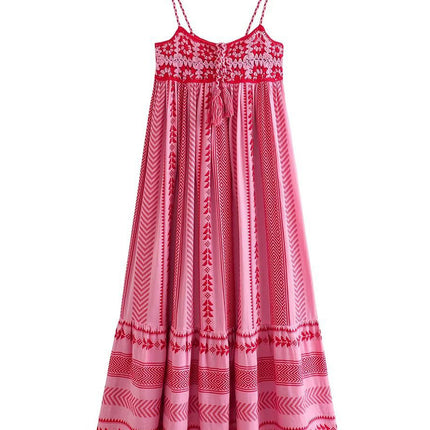Onbely robe longue trapèze rose rayé dos nu à fines brides bohème élégant vacances tous les jours-boho dress
