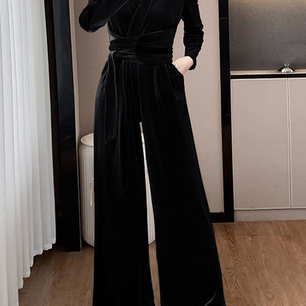 Onbely combinaison velours strappy Col en V manches longues femme élégant