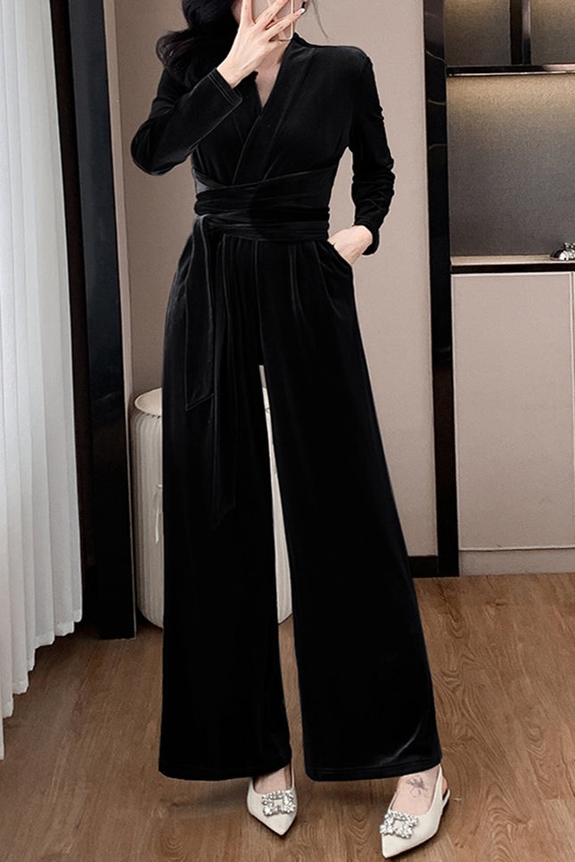 Onbely combinaison velours strappy Col en V manches longues femme élégant