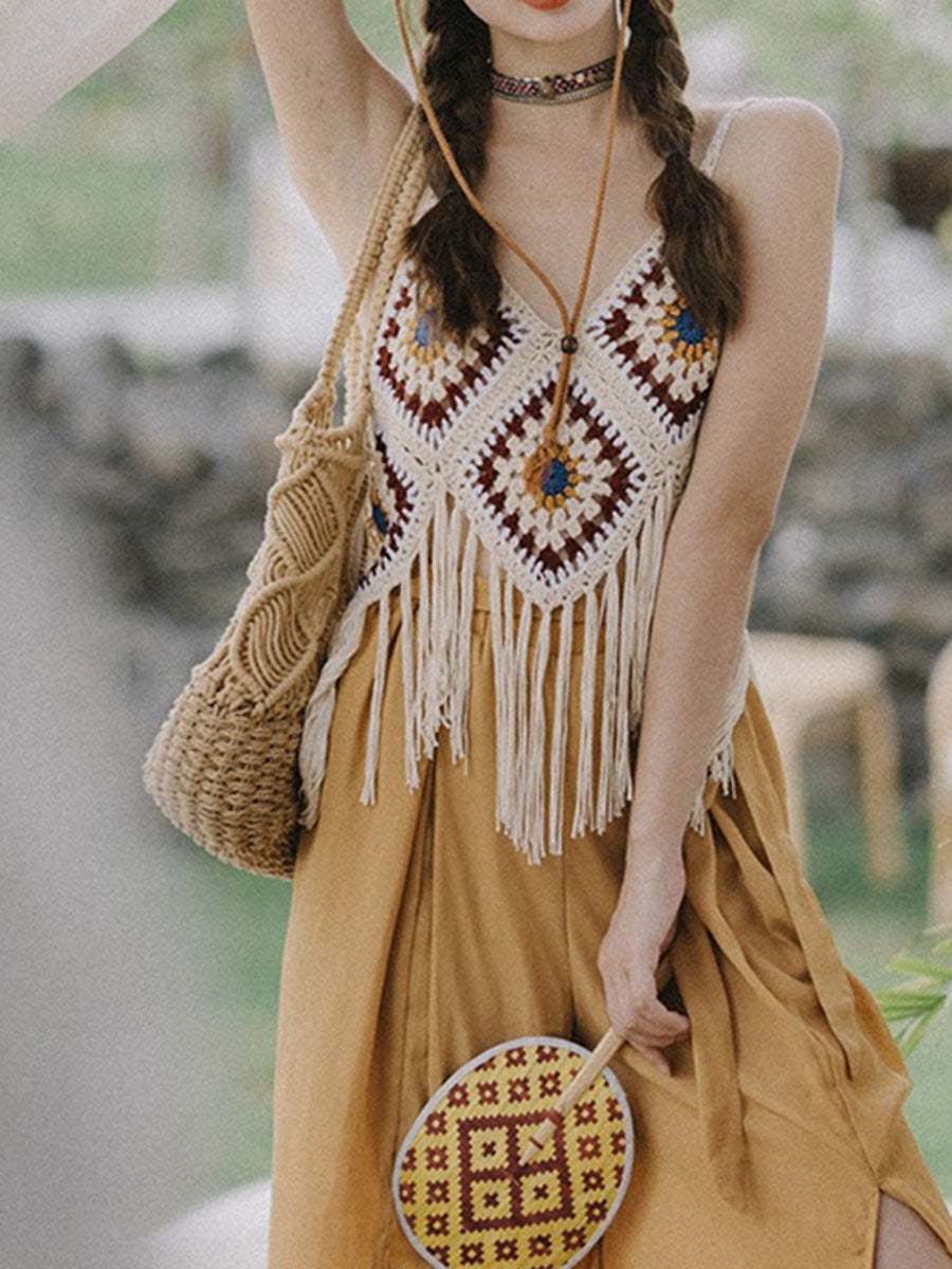 Onbely Bohemian Crochet Tank Top with Decorative Fringe for Vacation and Beach