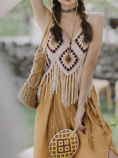 Onbely Débardeur Bohème en Crochet avec Franges Décoratives pour Vacances et Plage