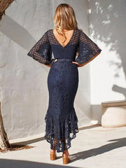 Onbely robe femme longue en dentelle sirene swallowtail col rond manches trompette manches courtes style elegant invite mariage