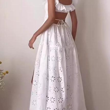 Onbely robe longue dos nu en broderie anglaise blanche fendue sur le côté mode boho dress