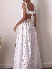 Onbely long backless dress in white English embroidery with side slit fashion