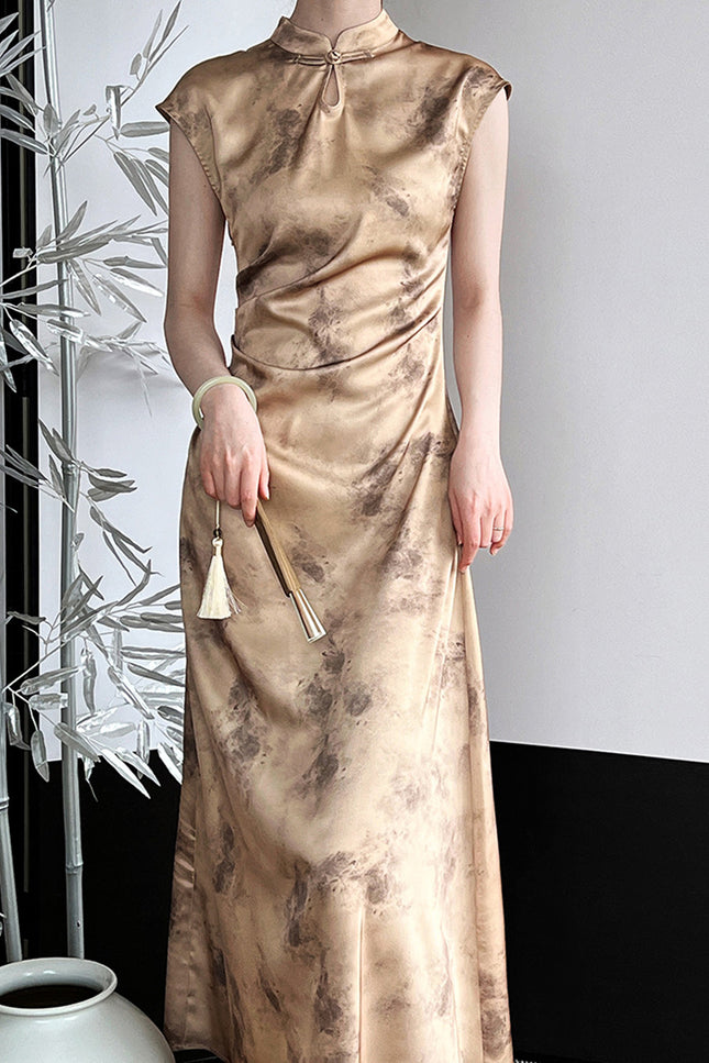 Onbely Cheongsam Qipao Satin Dorée Élégant Sans Manches