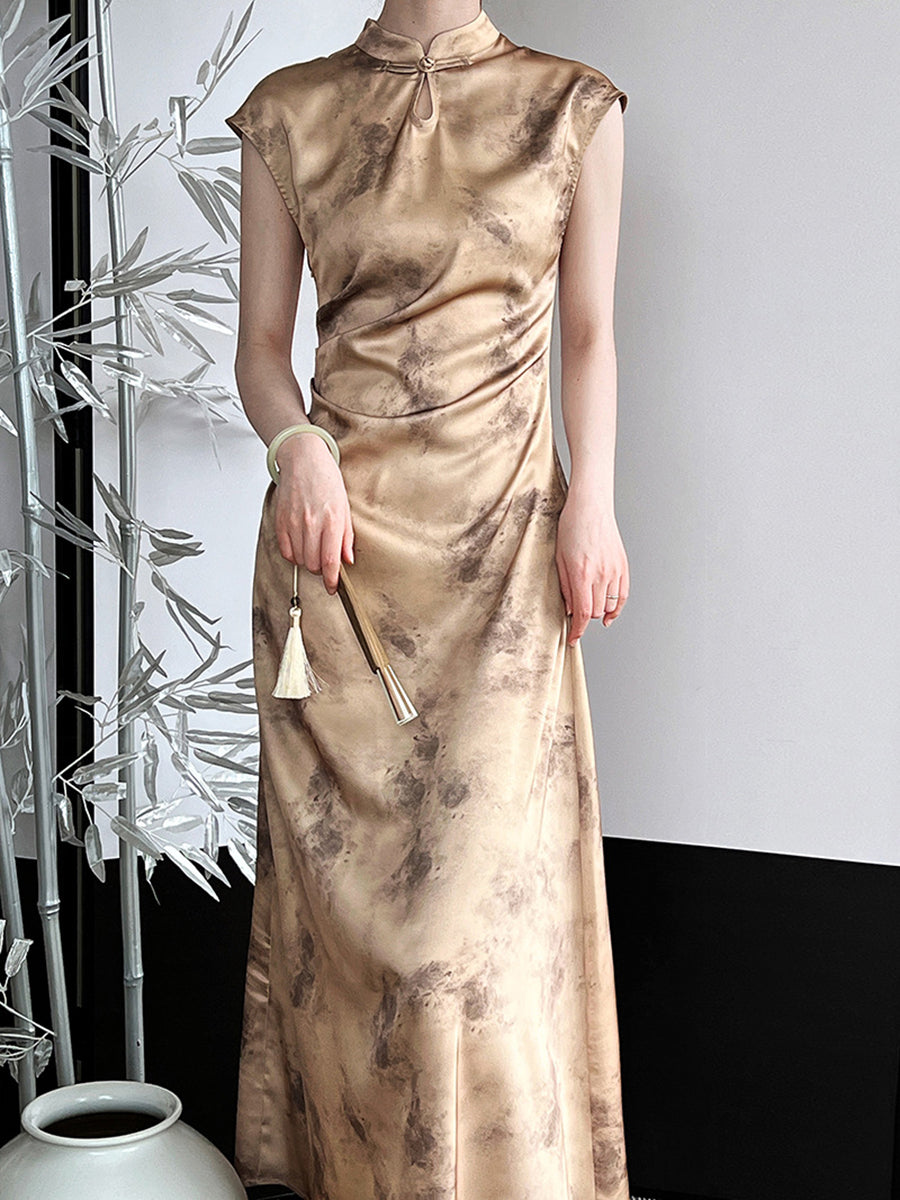 Onbely Cheongsam Qipao Gold Satin Elegant Sleeveless