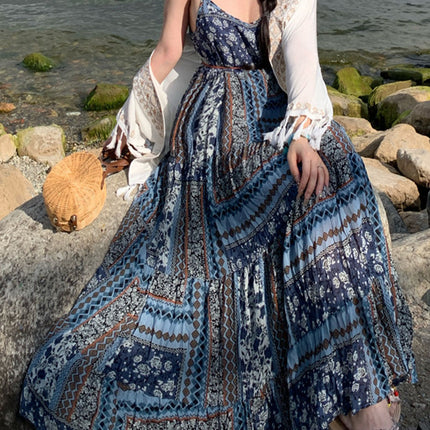 Onbely robe longue imprimé à fleurie à fines brides bohème bleu boho dress
