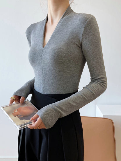 Onbely haut tricot côtelé Col en V manches longues femme