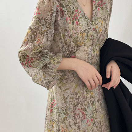 Onbely robe longue imprimé à fleurie manches longues élégant - onbely