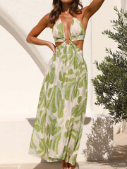 Onbely Tropical Print Triangle Neckline Maxi Dress with Cutouts and Halterneck Straps