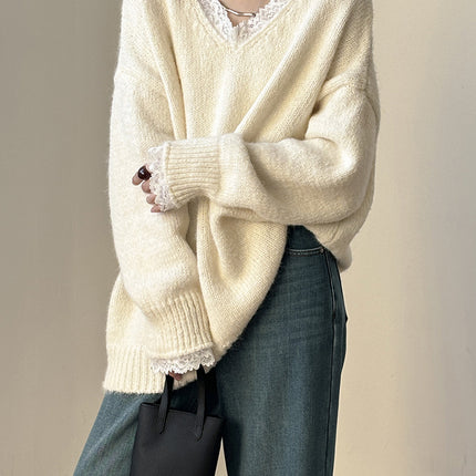 Onbely pull dentelle Col en V pour femme ample casual