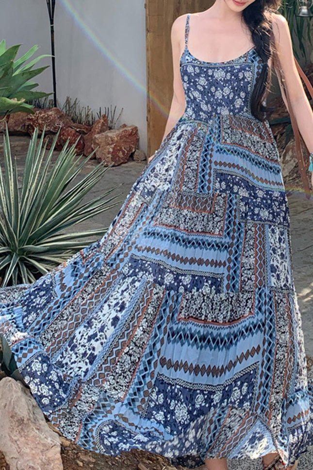 Onbely robe longue imprimé à fleurie à fines brides bohème bleu boho dress