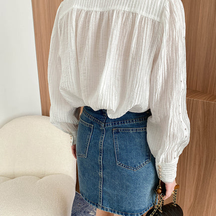 Onbely chemise creuse vintage blanche à col montant et manches longues