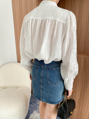 Onbely vintage white hollow shirt with stand-up collar and long sleeves