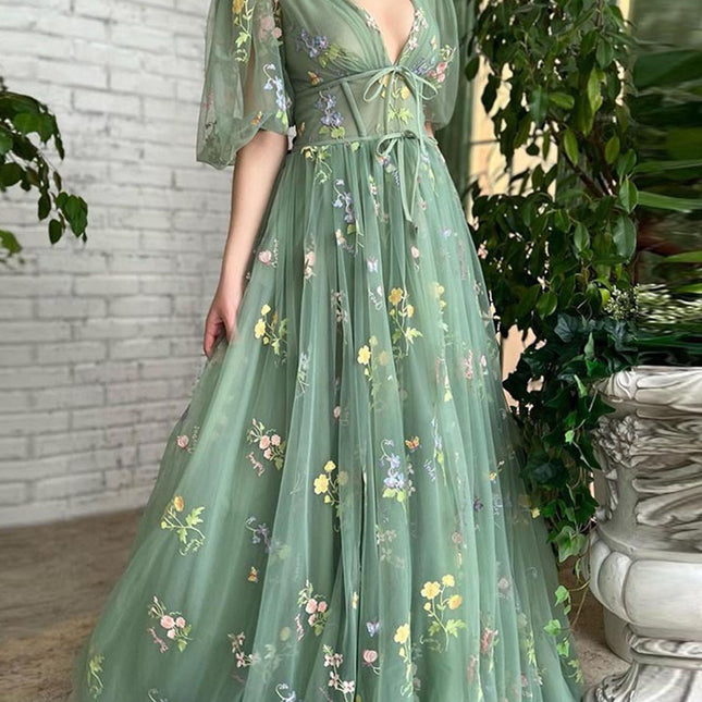 Onbely robe maxi longue tulle brodée manches bouffantes vert - onbely