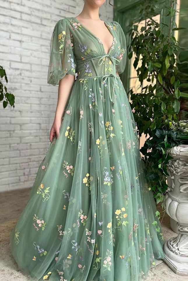 Onbely robe maxi longue tulle brodée manches bouffantes vert - onbely