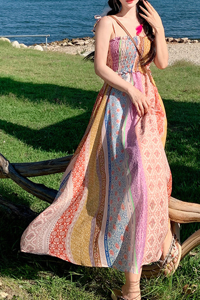 Onbely robe longue imprimé à fleurie à fines brides bohème multicolore boho dress
