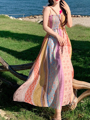 Onbely long dress with floral print and thin straps in multicolor bohemian style