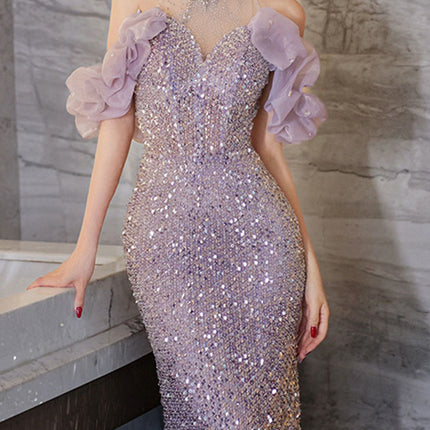 Onbely robe de soirée maxi longue en paillettes brillantes à licou violet pour un mariage femme cérémonie