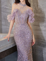 Onbely Purple Halter Shiny Sequin Maxi Long Evening Dress for Women Wedding Ceremony