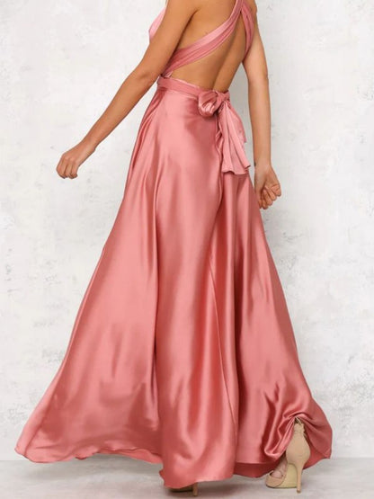 Onbely robe de soirée longue unicolore dos nu col en V licou/ras-du-cou taille élastique élégant invité mariage bal de promo