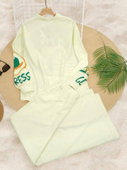 Onbely ensembles deux pièces femme style boyfriend décontracté avec pantalon à motif lettres et haut à col chemise manches longues