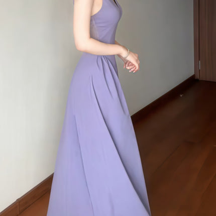 Onbely robe longue trapèze unicolore dos nu v-cou élégant bal de promo