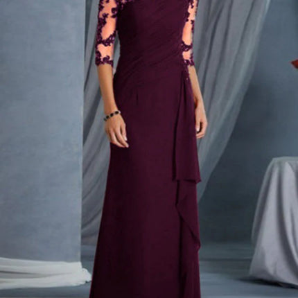 Onbely Volantée Robe en Dentelle Longue Transparent de Soirée avec Col Rond