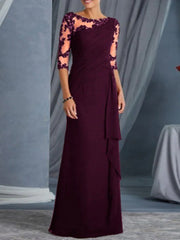 Onbely Volantée Robe en Dentelle Longue Transparent de Soirée avec Col Rond
