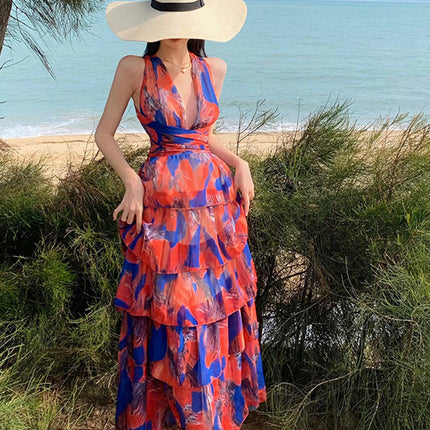 Onbely robe maxi longue licou froufrou dos nu orange