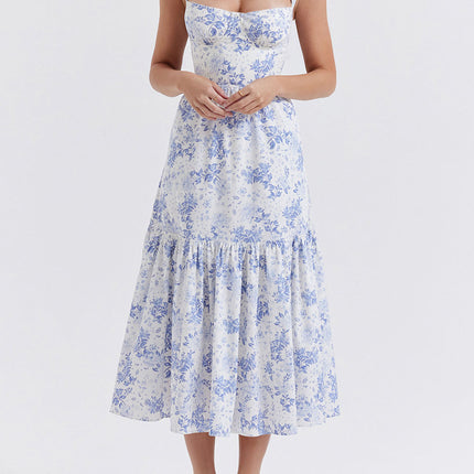 Onbely robe de soirée Mi-Longue Imprimée à Fleurs à Fines Brides pour Bal de Promo