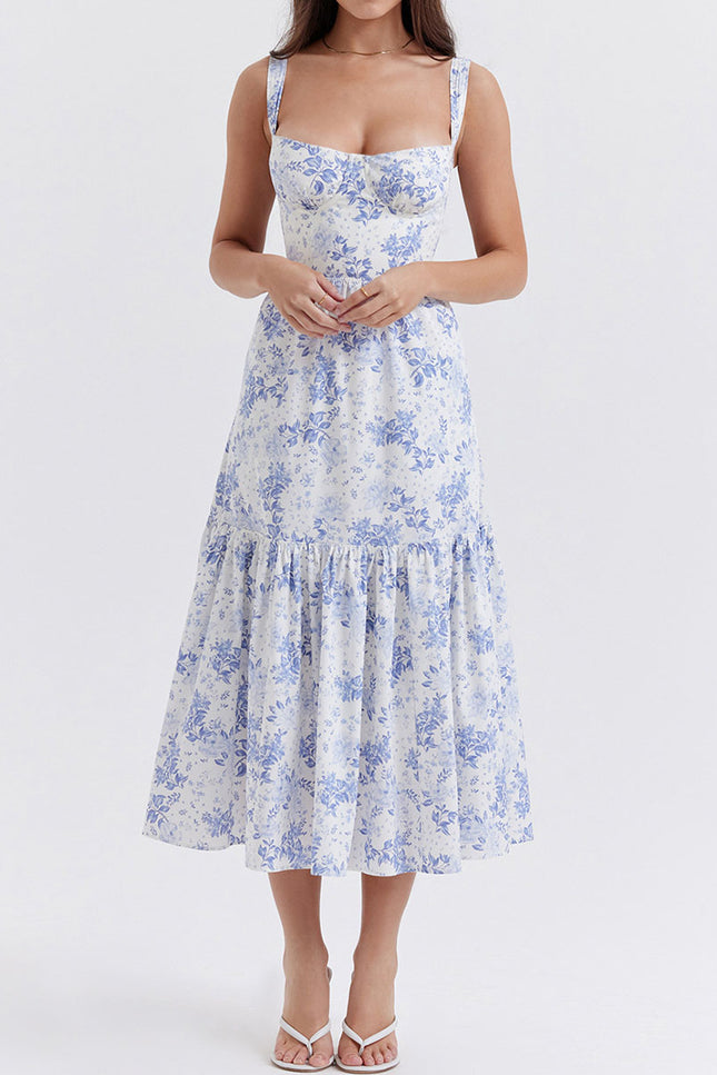 Onbely robe de soirée Mi-Longue Imprimée à Fleurs à Fines Brides pour Bal de Promo