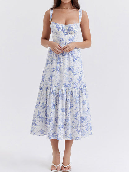 Onbely robe de soirée Mi-Longue Imprimée à Fleurs à Fines Brides pour Bal de Promo