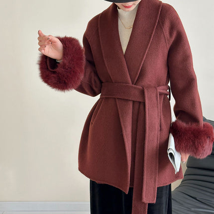 Onbely manteau en laine courte fausse fourrure avec ceinture pour femme