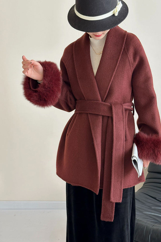 Onbely manteau en laine courte fausse fourrure avec ceinture pour femme