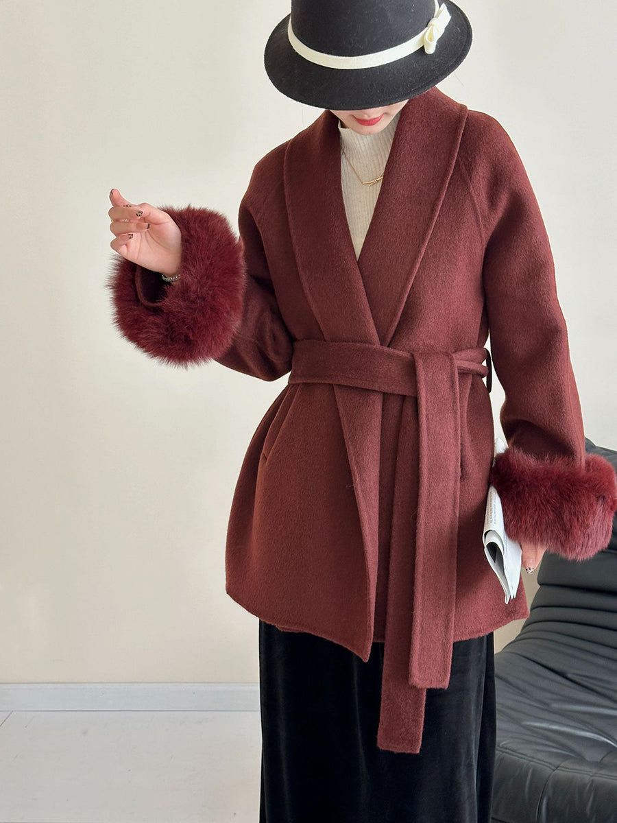 Onbely manteau en laine courte fausse fourrure avec ceinture pour femme