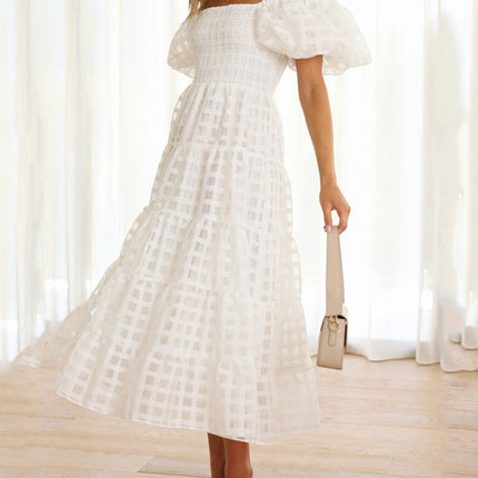 Onbely mi-longue robe carreaux col bateau manches bouffantes cocktail