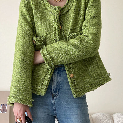 Onbely veste courte en tweed boutonnage avec poches col rond femme mode