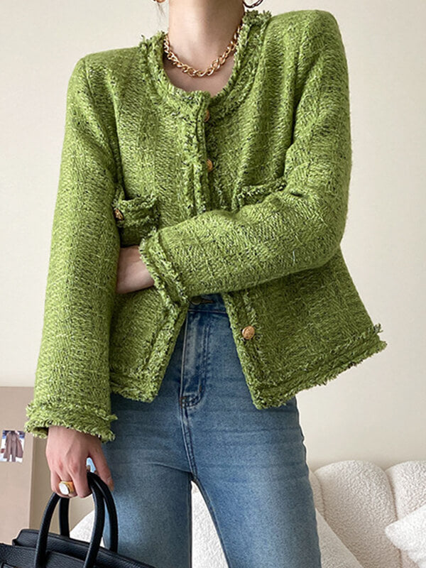 Onbely veste courte en tweed boutonnage avec poches col rond femme mode