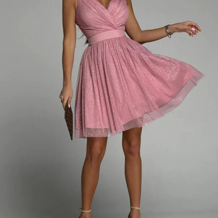 Onbely robe courte trapèze unicolore plissé bretelle col en V doux tous les jours bureau