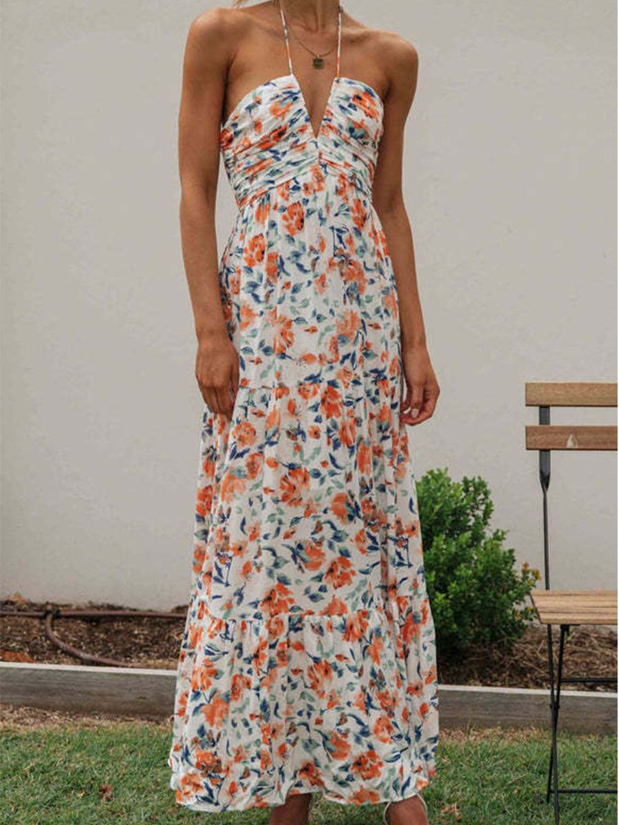 Onbely Robe longue mousseline imprimé à fleurie licou dos nu vacances