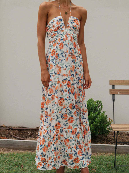 Onbely Robe longue mousseline imprimé à fleurie licou dos nu vacances