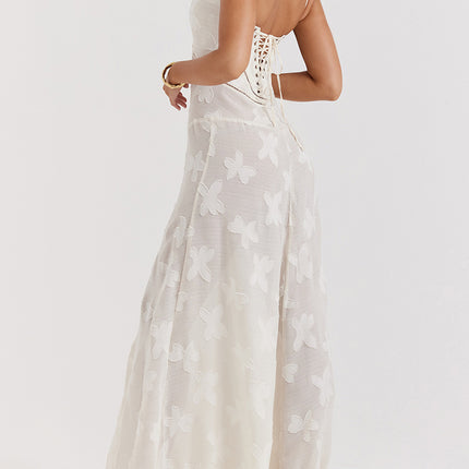 Onbely robe de soirée longue blanche en jacquard élégante à fines brides pour bal de promo ou mariage