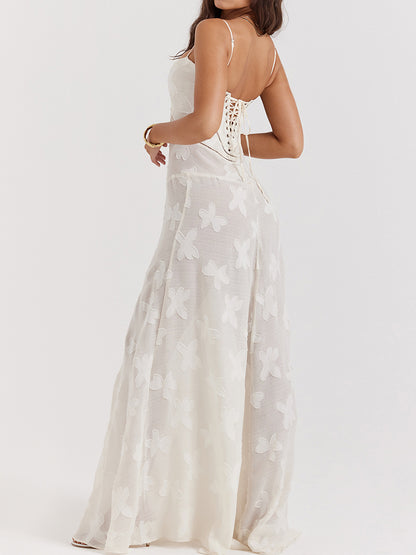 Onbely robe de soirée longue blanche en jacquard élégante à fines brides pour bal de promo ou mariage
