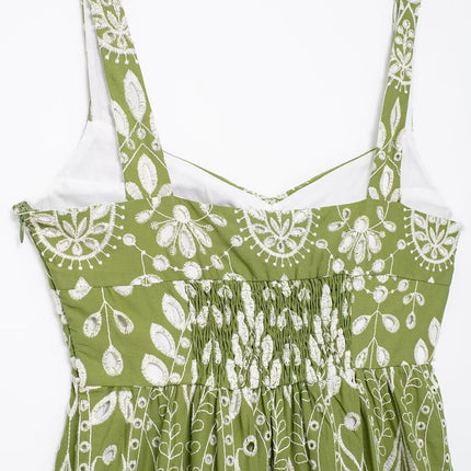 Onbely robe de soirée longue brodée motif cachemire vert sans manches à fines brides pour bal et plage -boho dress