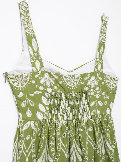 Onbely robe de soirée longue brodée motif cachemire vert sans manches à fines brides pour bal et plage