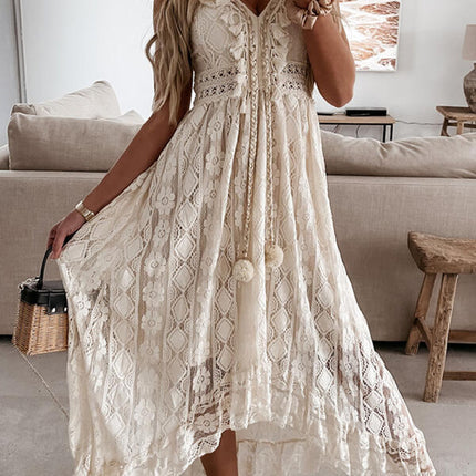 Onbely long bohemian dress with embroidery and pompoms short front and long back boho dress