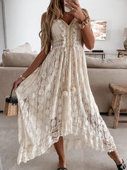 Beautifully long bohemian dress with embroidery and pompoms short front and long back