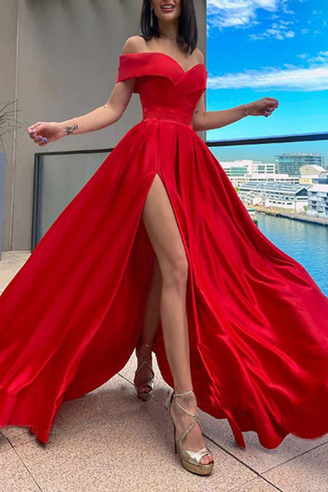 Onbely robe de soirée longue unicolore fendu le côté épaules dénudées col en V manches courtes taille marquée mode bal de promo